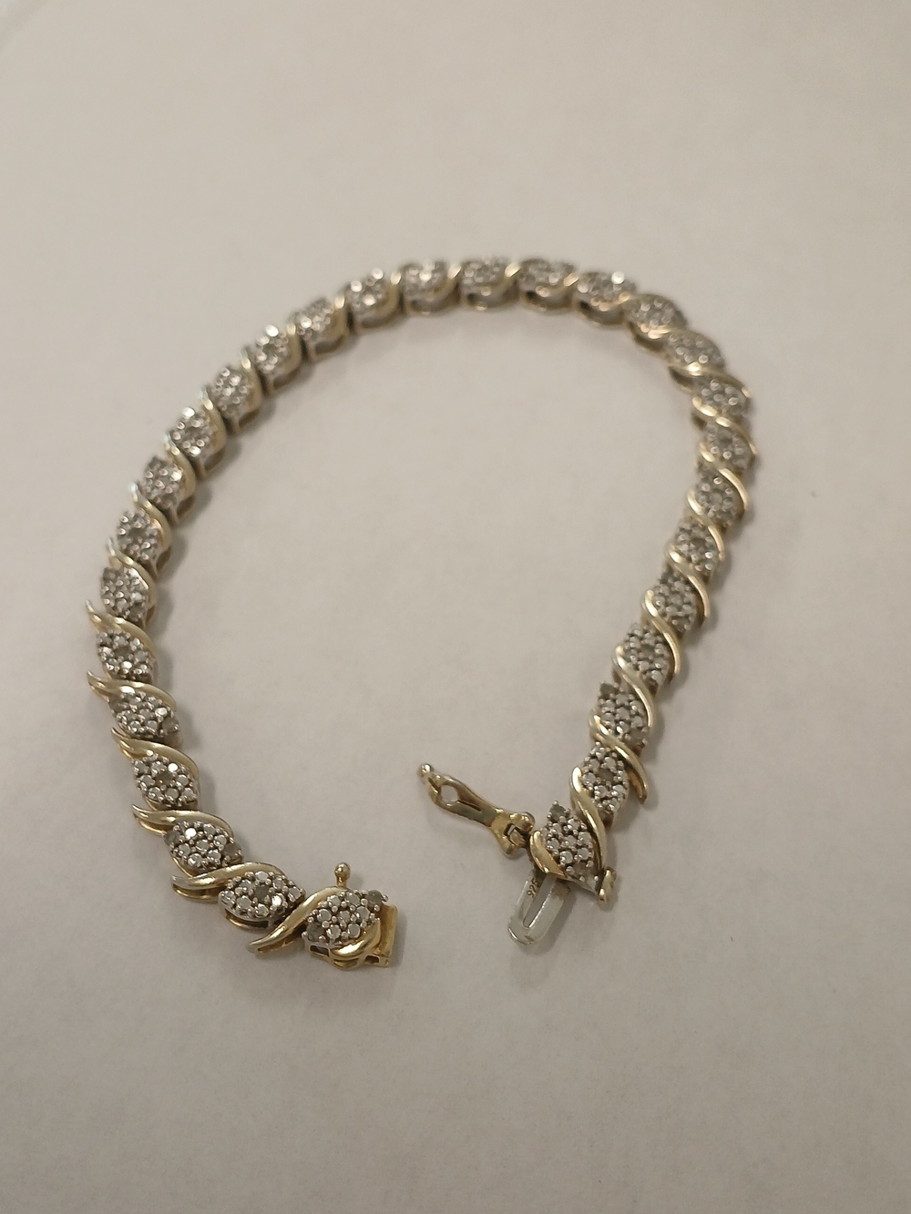 Sterling Silver & Gold Vermeil Diamond Tennis Bracelet Sz 7 1/4" Vintage